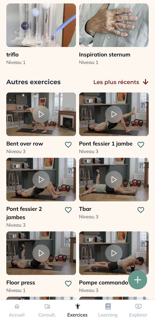 Liste d'exercices prescrits dans l'application Andrew